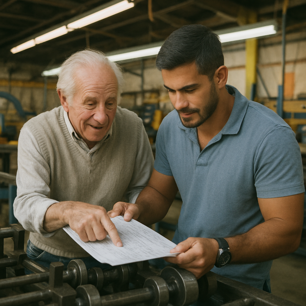 Business owner and successor reviewing documents in a manufacturing facility